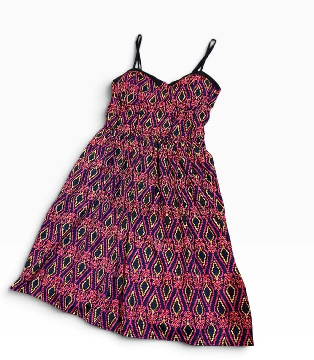 American Rag Dress Size S Pink on Black Print Elastic-Smocked Sundress